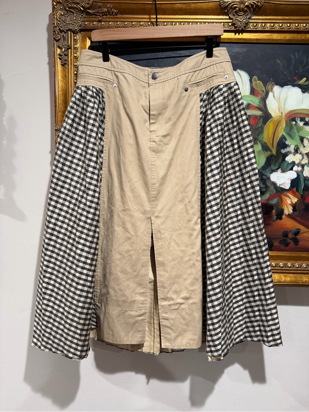 Tanya Taylor Beige Midi Skirt with Black-and-White Gingham Panels - Picture 3 of 7